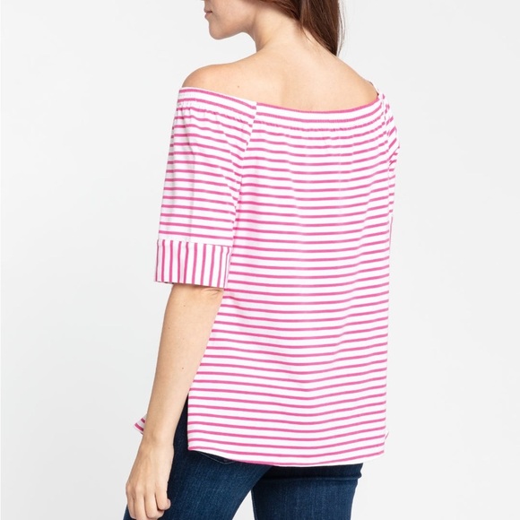 Hinson Wu Lena Elbow Sleeve Off The Shoulder Top Magenta/White NWT MEDIUM - Picture 2 of 8